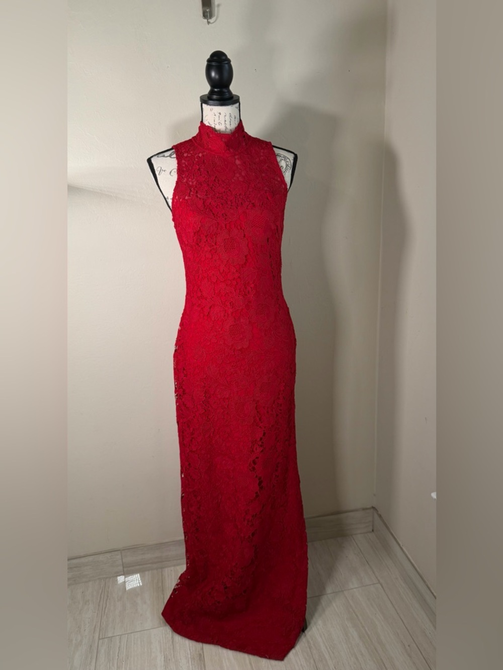 Polo by Ralph Lauren Sleeveless Red Lace Maxi Gown with High Collar